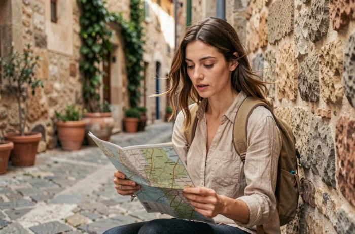 Voyageuse solitaire consultant une carte papier dans une ruelle pavée d'un village méditerranéen avec sac à dos de randonnée