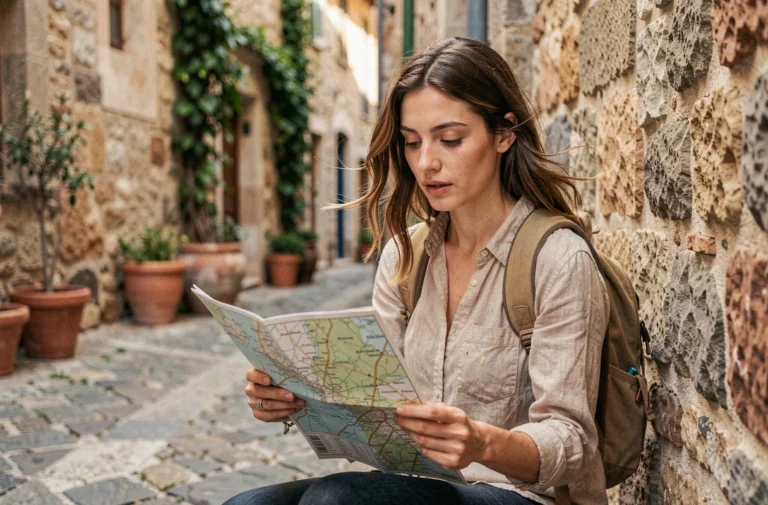 Voyageuse solitaire consultant une carte papier dans une ruelle pavée d'un village méditerranéen avec sac à dos de randonnée